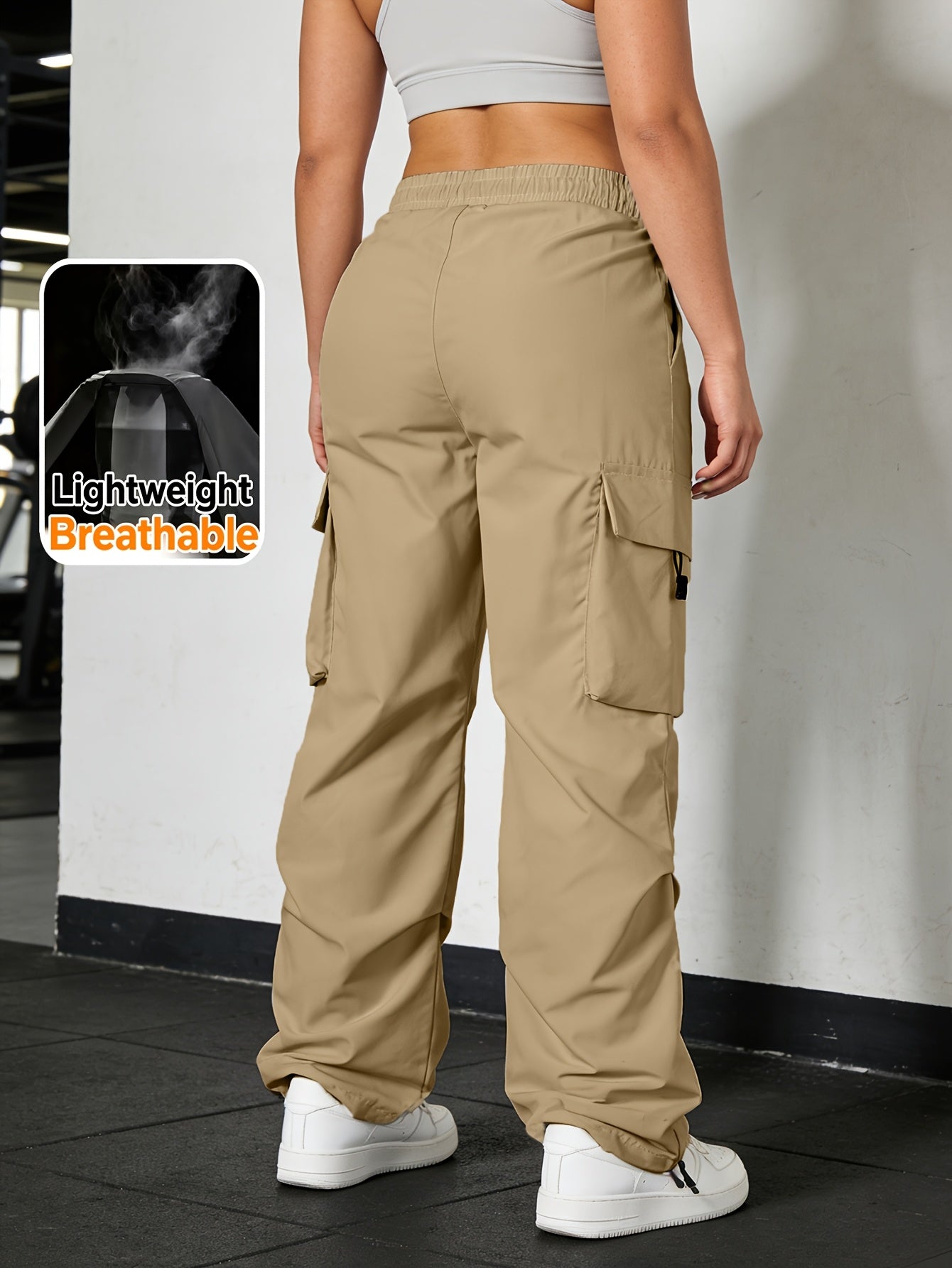 Women's Wide Leg Cargo Pants Elastic Waist Drawstring Multiple Pockets Loose Comfy Casual Trousers for Street Style Hiking Jogging Daily Wear All Season Beige Black Dark Gray Khaki XS-XXL