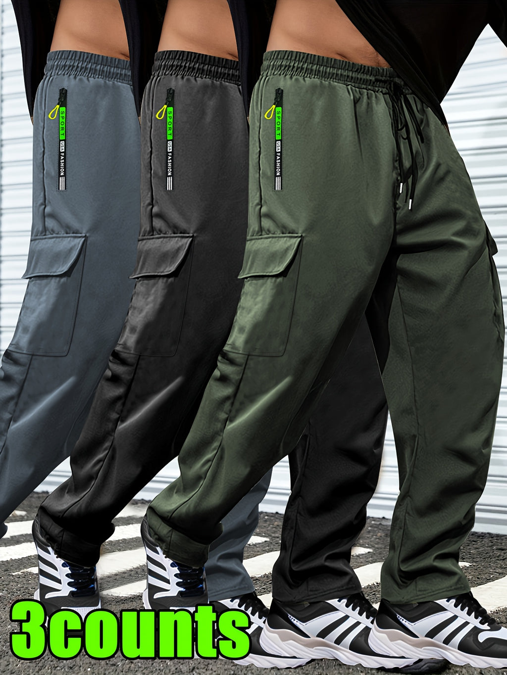 Men's Lightweight Cargo Pants with Drawstring & Elastic Waist – Multi Zipper & Side Pockets, Breathable Regular Fit for Hiking, Camping & Casual Outdoor Wear, S-XXXL