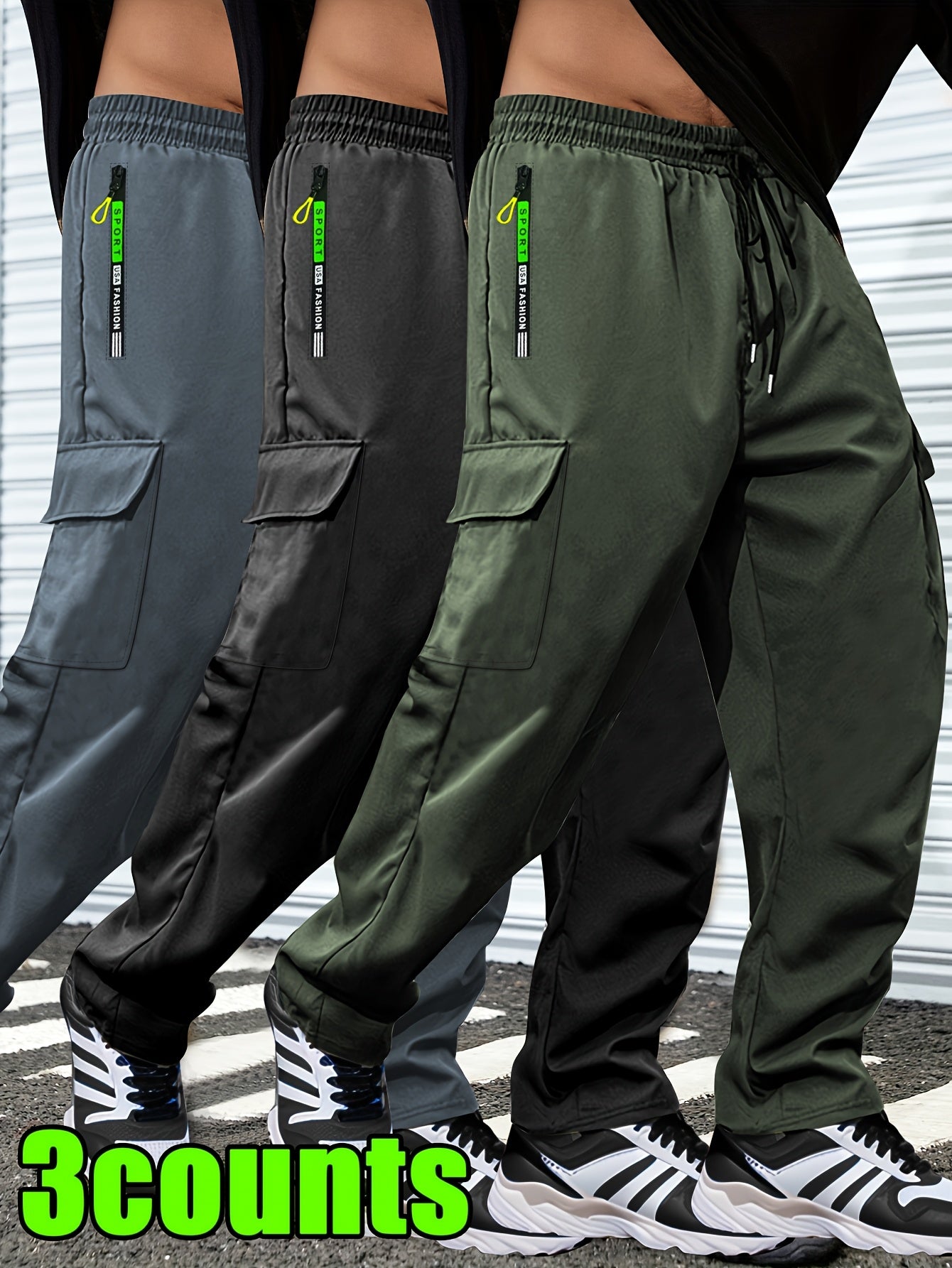 Men's Lightweight Cargo Pants with Drawstring & Elastic Waist – Multi Zipper & Side Pockets, Breathable Regular Fit for Hiking, Camping & Casual Outdoor Wear, S-XXXL