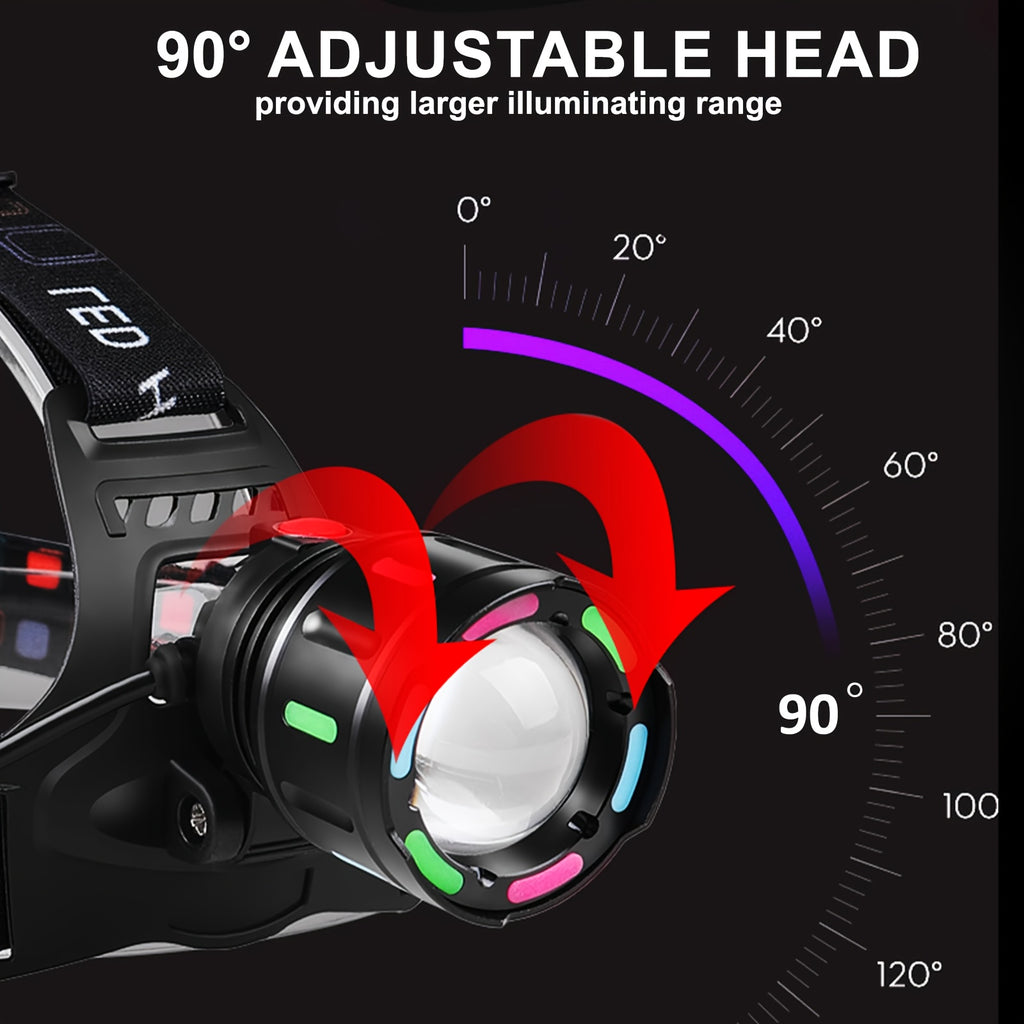 Rechargeable LED Headlamp with 4 Modes & 90° Tilt – Adjustable Focus Head Lamp with Warning Taillight for Camping, Hiking, Running, Repair Work & Emergency Use
