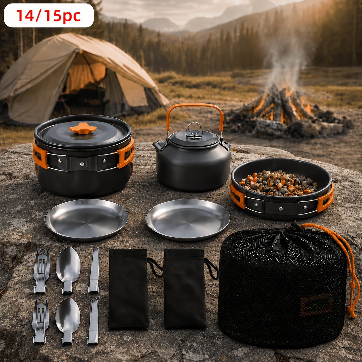 Camping Cookware Mess Kit 14/15 Piece Portable Non-Stick Aluminum Alloy Camp Kitchen Set with Kettle Pot Frying Pan Plates Forks Knives Spoons - Backpacking Outdoor Cooking Gear for Hiking
