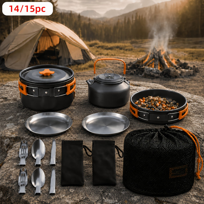 Camping Cookware Mess Kit 14/15 Piece Portable Non-Stick Aluminum Alloy Camp Kitchen Set with Kettle Pot Frying Pan Plates Forks Knives Spoons - Backpacking Outdoor Cooking Gear for Hiking