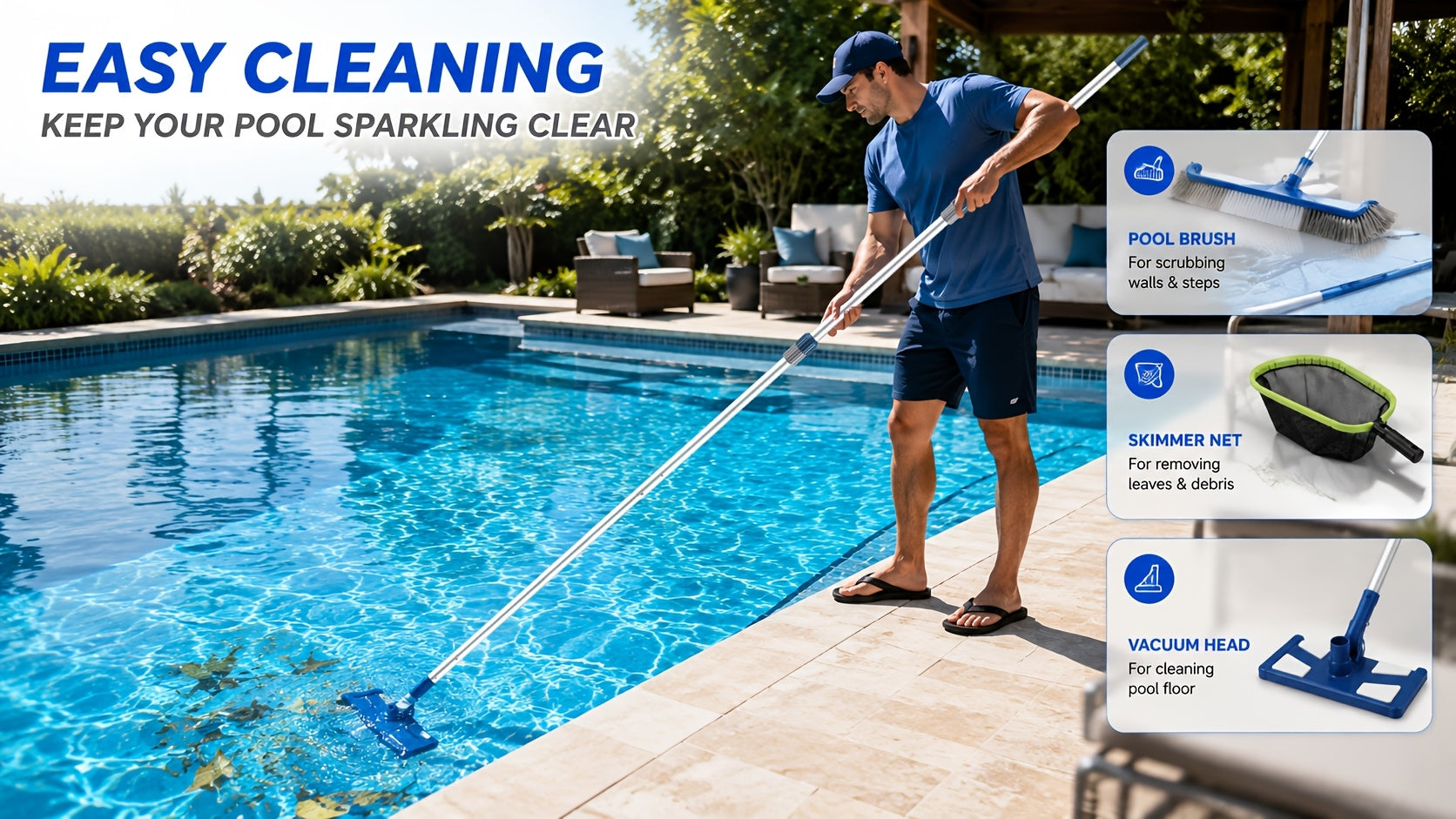 16ft Telescopic Pool Pole Heavy Duty Aluminum – Double Lock Adjustable Non-Slip Grip for Pool Cleaning Skimming Vacuuming Brushing Above Ground In-Ground Pools
