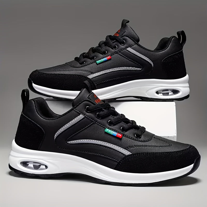 Men's Fashion Sneakers Lace-Up Non-Slip Soft Sole Casual Running Shoes PU Leather Comfortable Outdoor Athletic Footwear