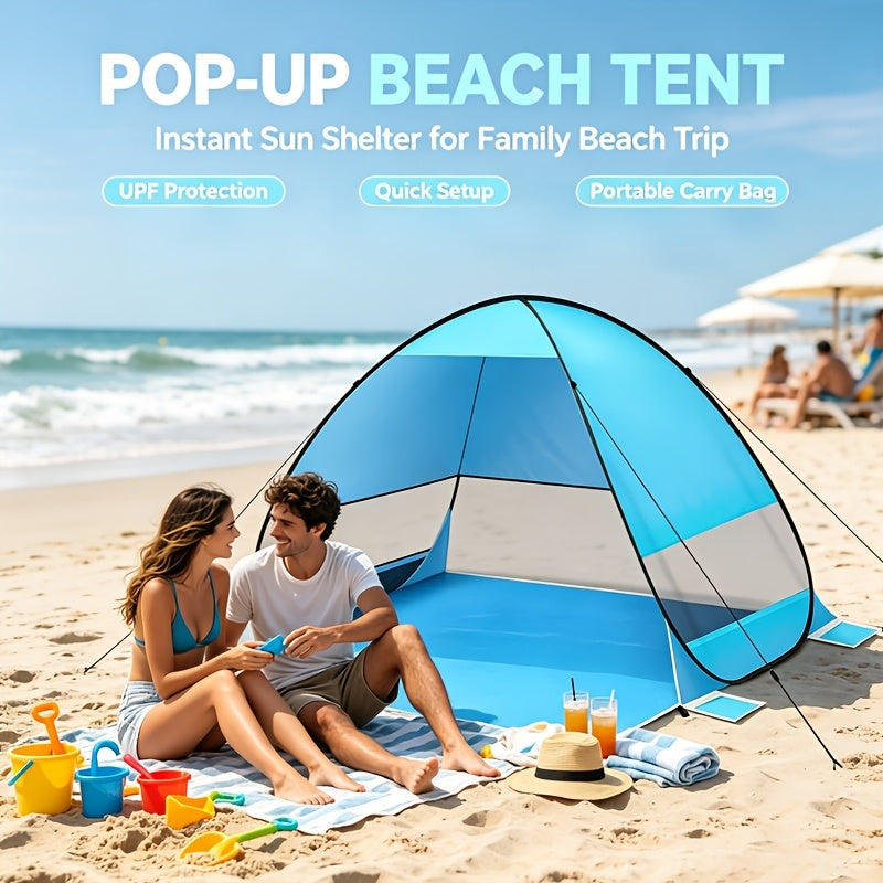 Pop-Up Beach Tent Sun Shade Shelter for 2-3 Person - Anti-UV Portable Camping Canopy with Carry Bag, Fast Setup, Fiberglass Frame, Beige, Blue and Green
