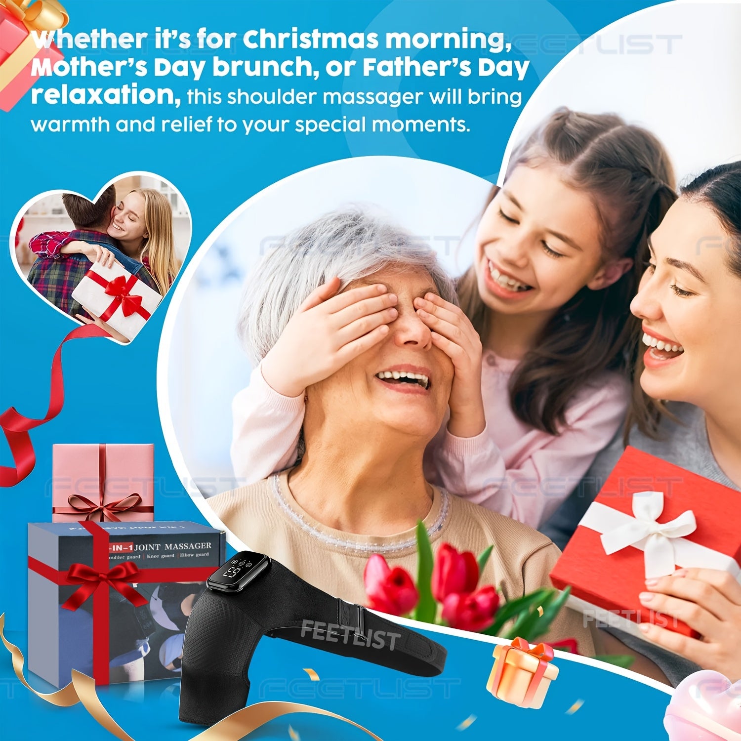 Cordless Heated Shoulder Massager with Vibration - Heating Pad for Shoulder, Elbow & Knee Pain Relief, 3 Heat Levels, 3 Vibration Modes, LED Touch Screen, Gift for Parents & Seniors
