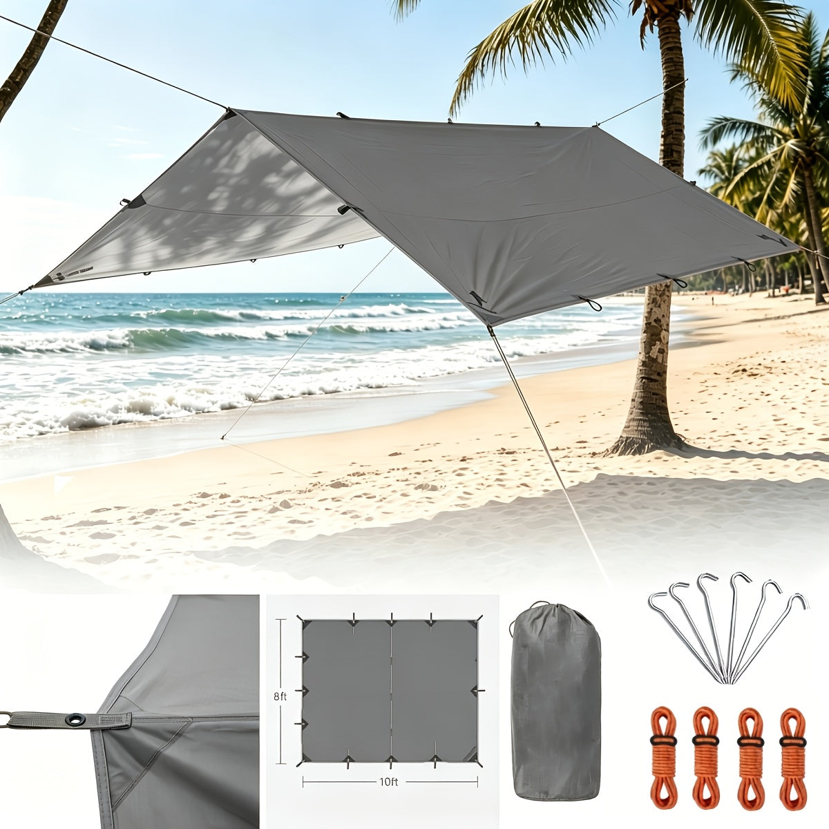 Waterproof Camping Tarp Canopy 4 Person – UV Protection Alloy Poles Portable Foldable Rain Fly Awning for Hiking Backpacking Survival Outdoor, Multiple Colors & Sizes