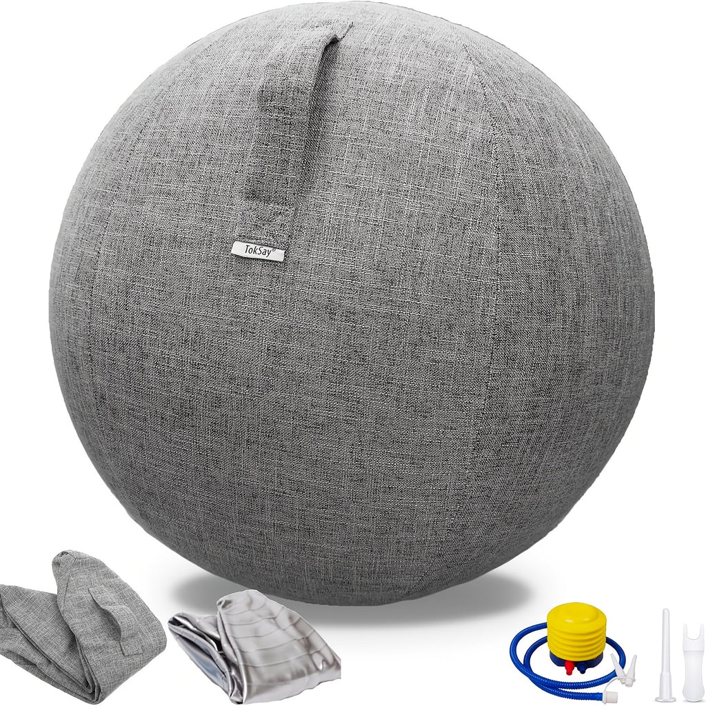 Exercise Ball Chair with Fabric Cover 65cm – Yoga Pilates Balance Ball Seat for Home Office Desk, Relieve Back Pain Improve Posture, Birthing Ball for Pregnancy, Grey Black