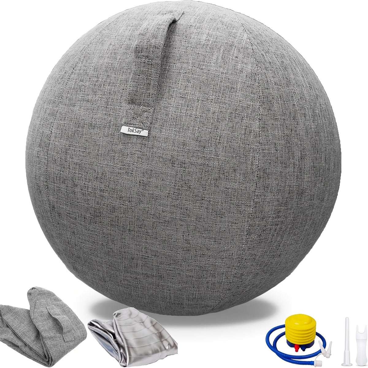 Exercise Ball Chair with Fabric Cover 65cm – Yoga Pilates Balance Ball Seat for Home Office Desk, Relieve Back Pain Improve Posture, Birthing Ball for Pregnancy, Grey Black
