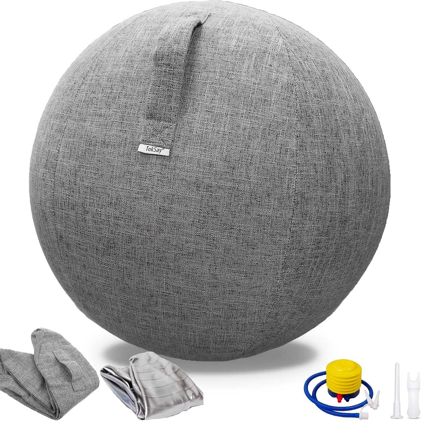 Exercise Ball Chair with Fabric Cover 65cm – Yoga Pilates Balance Ball Seat for Home Office Desk, Relieve Back Pain Improve Posture, Birthing Ball for Pregnancy, Grey Black