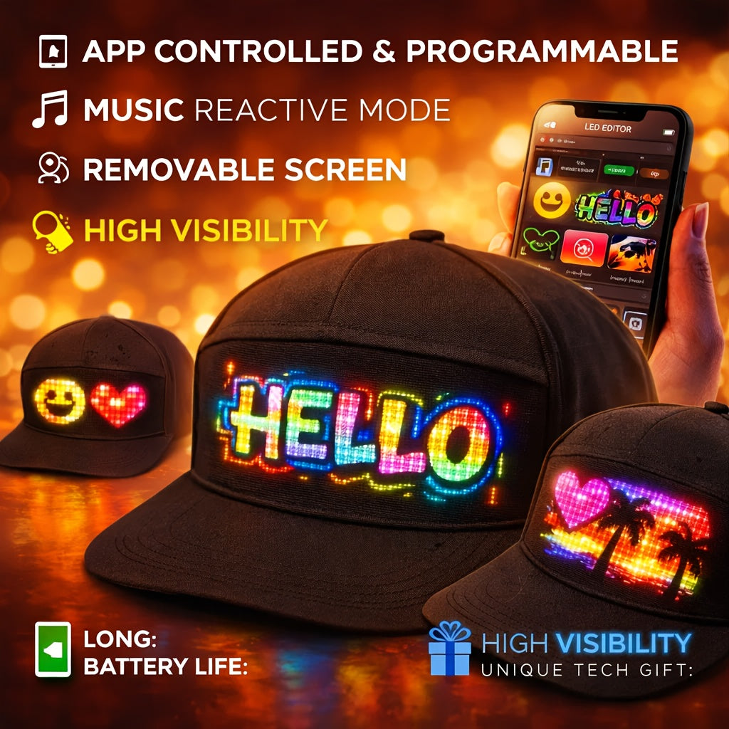 Programmable LED Light-Up Hat Bluetooth App Controlled Scrolling Text Baseball Cap Rechargeable USB Flashing Display for Parties Festivals Night Runs Teens Adults Gift