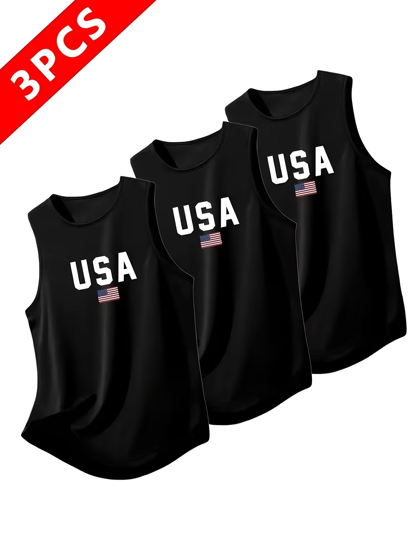 USA Print Men's Quick-Dry Tank Tops 3-Pack Sleeveless Breathable Moisture-Wicking – Crew Neck Athletic Vests for Running Training Gym Black White Gray