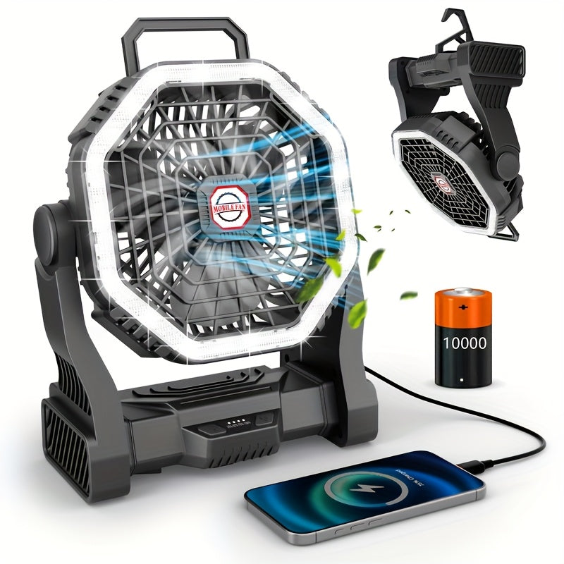 Camping Fan with LED Light Rechargeable USB Battery 4-Speed 3 Lighting Modes Hanging Rope Tent Outdoor Travel Indoor Portable