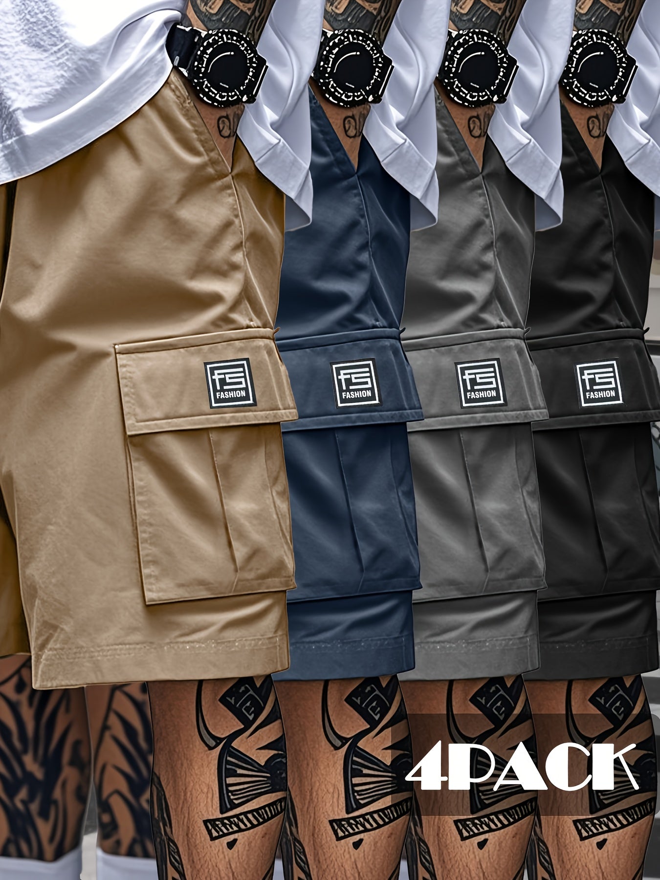 Men's Multi-Pocket Work Shorts 4-Pack – Loose Fit Knee-Length Casual Cargo Shorts for Men, Solid Color Woven Polyester, Summer Workwear & Outdoor Wear, Sizes M-XXXL