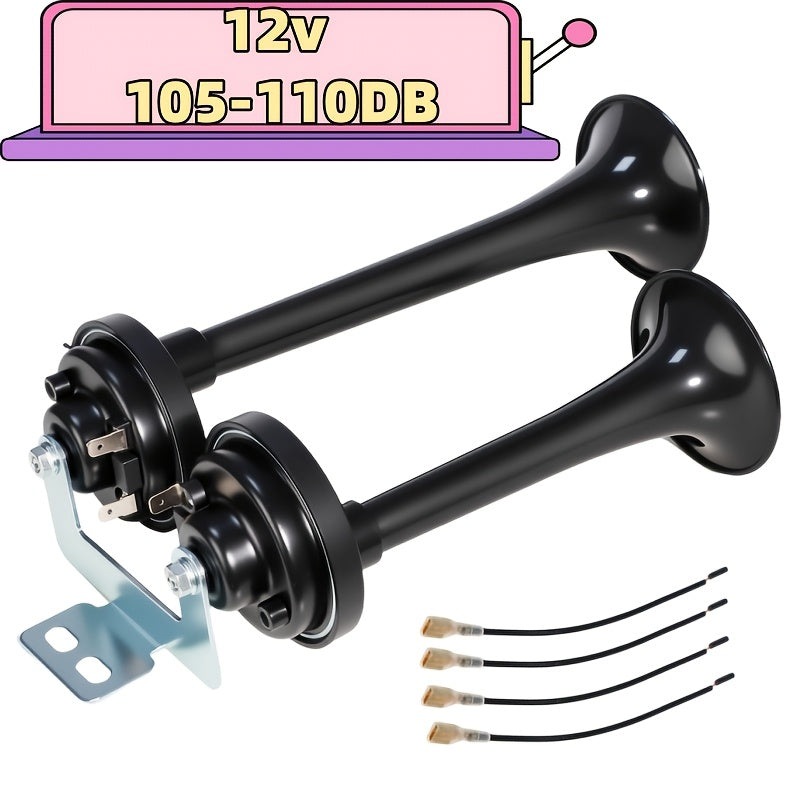 Air Horn Kit 12V 24V Ultra Loud 105-137dB Dual Trumpet Horn with Air Compressor for Truck SUV Motorcycle Boat Train Car Pickup Aluminum Alloy Universal