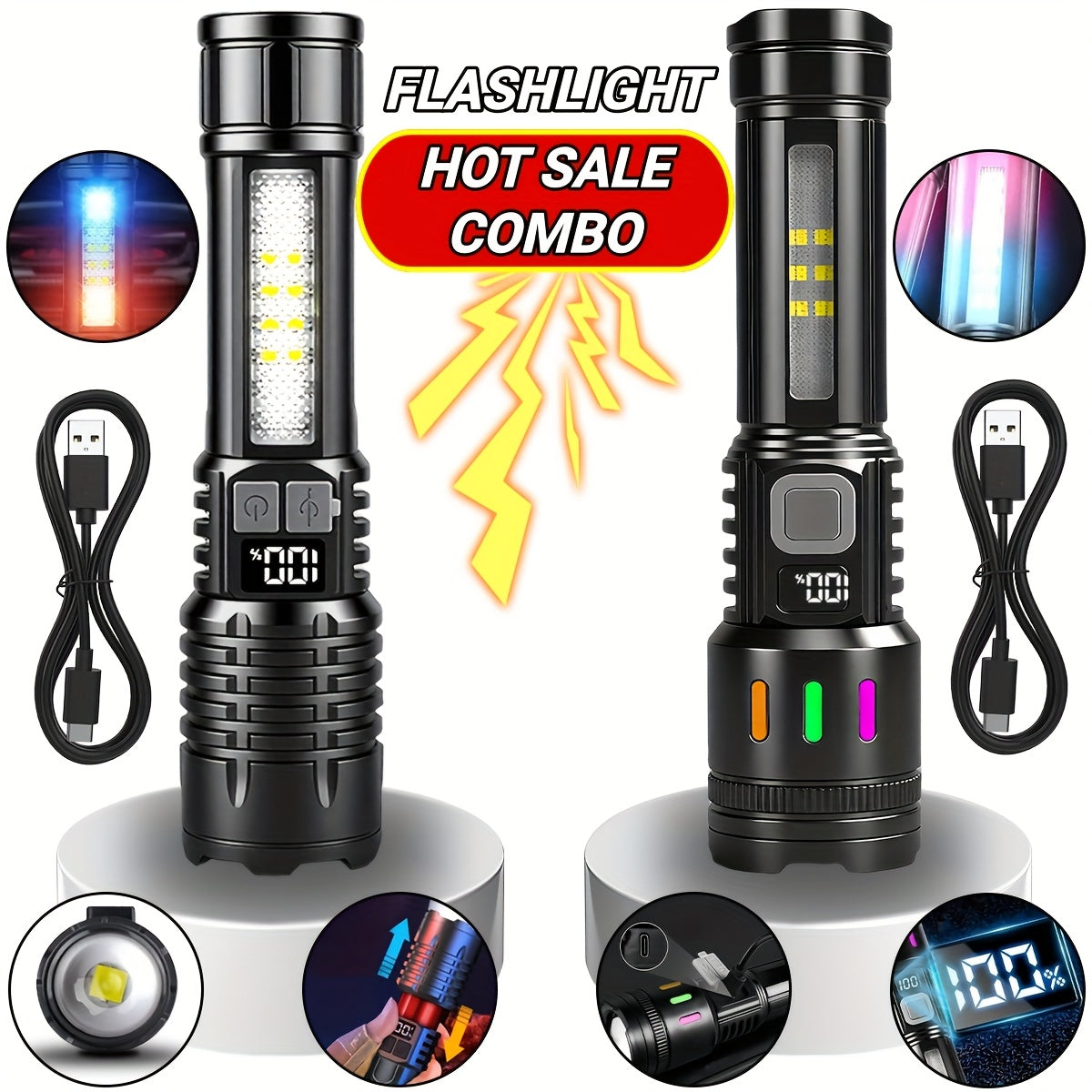 2-Pack Rechargeable LED Flashlight Combo – High Power Tactical Flashlight with COB Side Light, Telescopic Zoom & USB-C Charging for Camping, Hiking, Biking & Emergencies