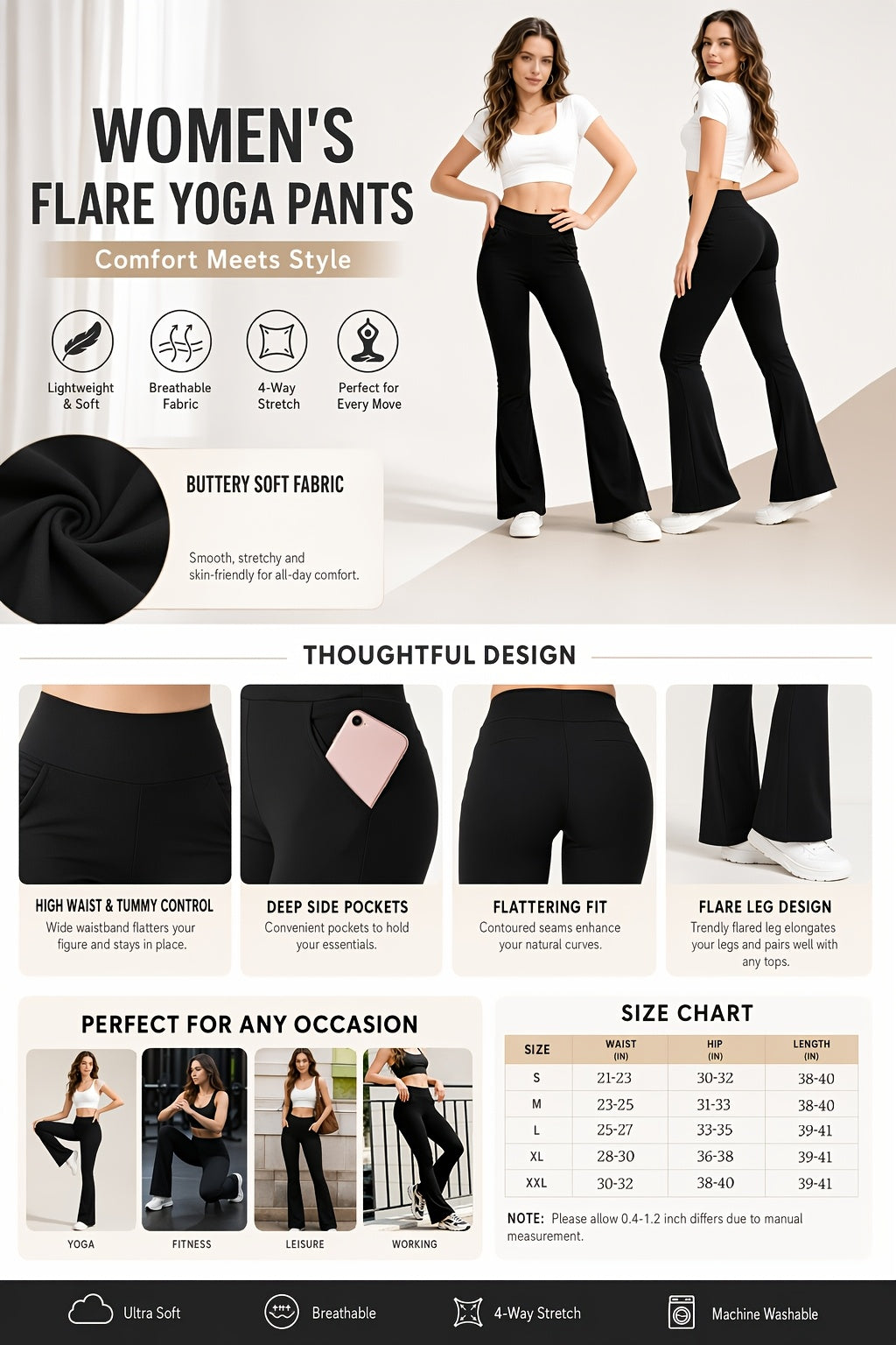 Women's Flare Yoga Pants with Pockets – High Waist Butt Lift Tummy Control Bell Bottom Leggings, Quick-Dry Breathable Sports Pants for Gym Yoga Lounge & Commute, Sizes S-XXL