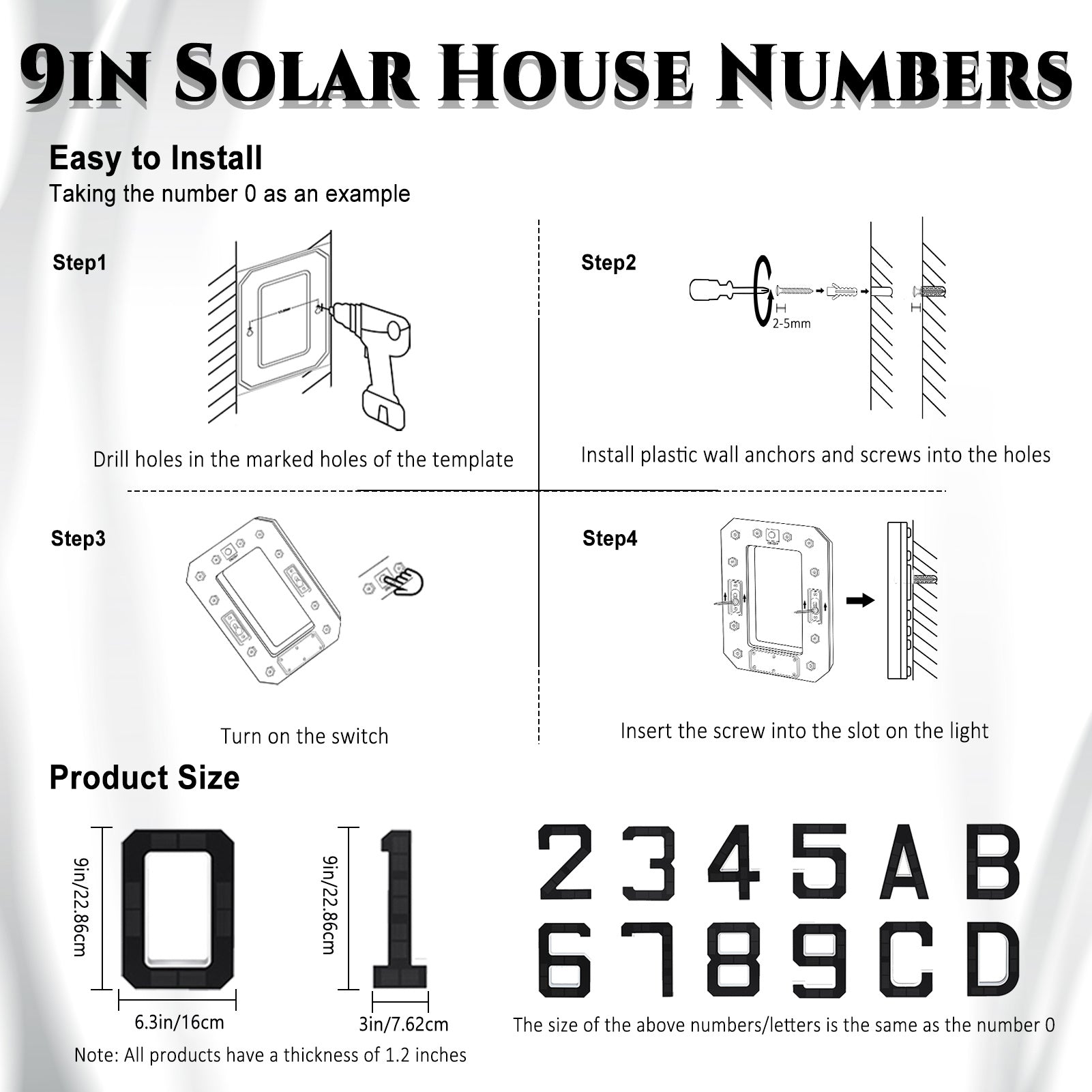 9 Inch Solar Lighted House Numbers for Outside - IP44 Waterproof, Auto Light Sensor, 9hr Illumination, Modern Exterior Address Sign, Numbers 0-9 & Letters A-D