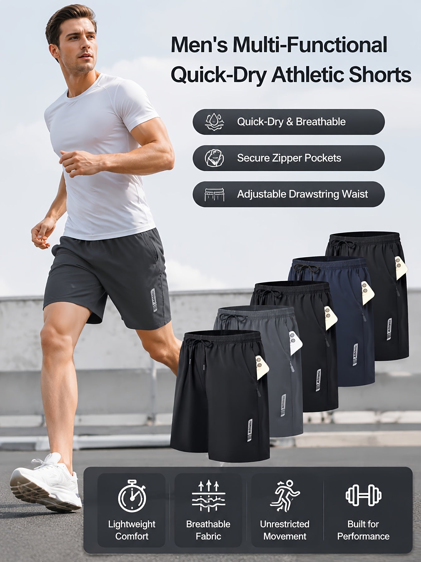 Men's Sports Gym Workout Shorts 5 Pack Basketball Shorts Quick Dry Elastic Waistband Side Zip Pocket S-XXL