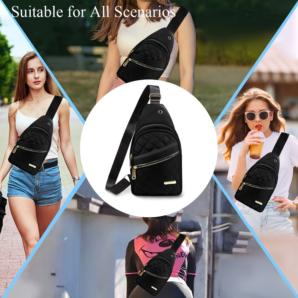 Quilted Sling Backpack Crossbody Bag – Adjustable Shoulder Strap Zipper Casual Daypack for Women Men Travel Everyday Use, Multiple Colors
