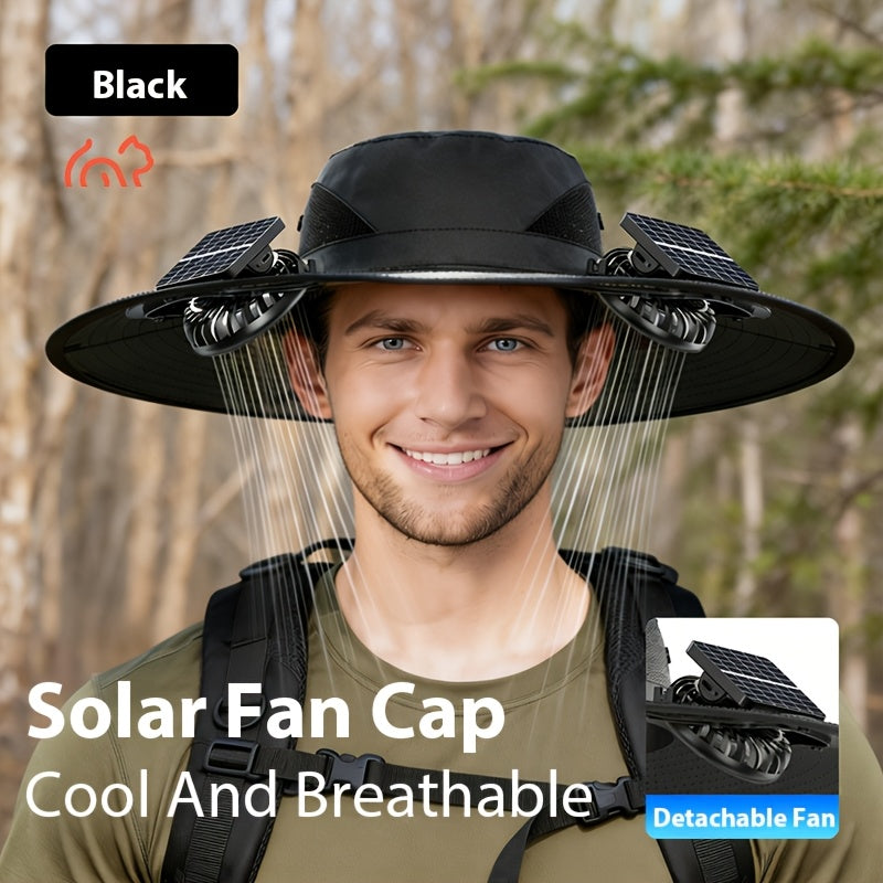 USB Rechargeable Dual Fan Hat Solar Sun Cap with Adjustable Strap Powerful Airflow Long Battery Life Cooling Hat for Fishing Hiking Camping Gardening Outdoor Activities