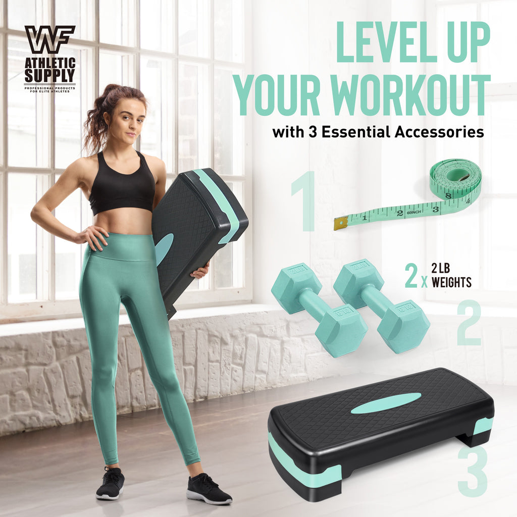 Aerobic Step Platform with Dumbbells Measuring Tape Adjustable Height 2 Level Risers Non-Slip Exercise Stepper Home Gym Workout 550LB Capacity Pink Green Blue