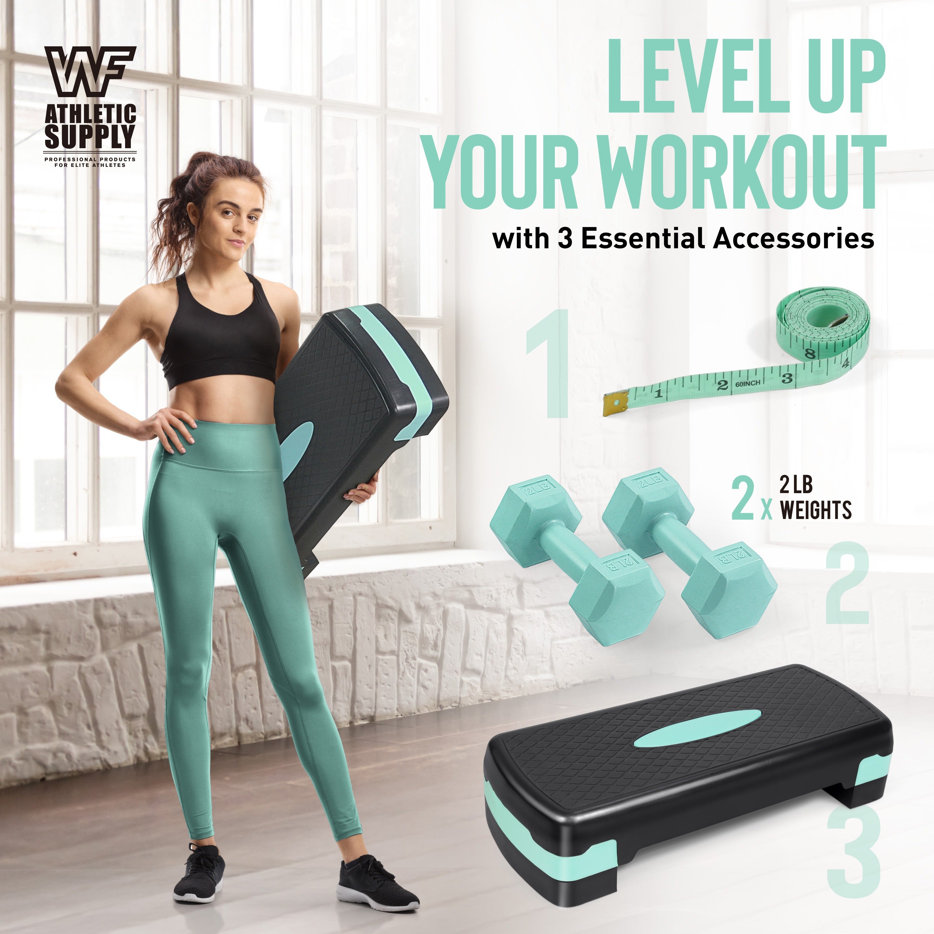 Aerobic Step Platform with Dumbbells Measuring Tape Adjustable Height 2 Level Risers Non-Slip Exercise Stepper Home Gym Workout 550LB Capacity Pink Green Blue