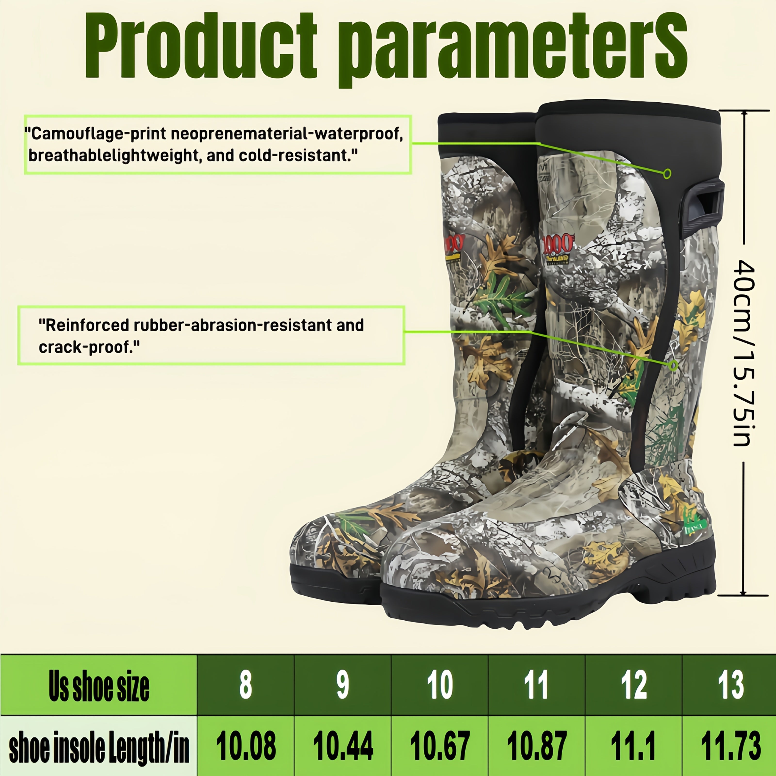 Men's 6mm Neoprene Insulated Hunting Boots – Waterproof Camouflage Rubber Boots with Non-Slip Sole, Slip-On Outdoor Boots for Duck Hunting Fishing Hiking Farming, Sizes US 8-14