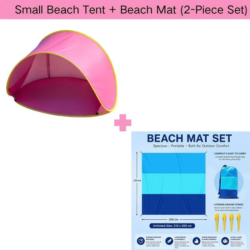Pop-Up Beach Tent with UV Sun Protection – Portable Quick Setup Sun Shade Shelter for Beach Camping Hiking Travel Family Outings Optional Beach Mat Bundle Blue Pink