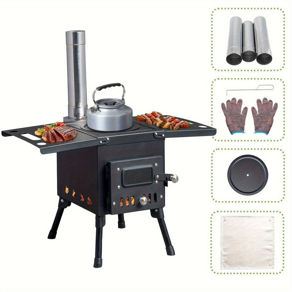 Wood Burning Camping Stove with Chimney Portable Foldable Carbon Steel Tent Stove for Camping Hunting Ice Fishing Backpacking Outdoor Heating Cooking