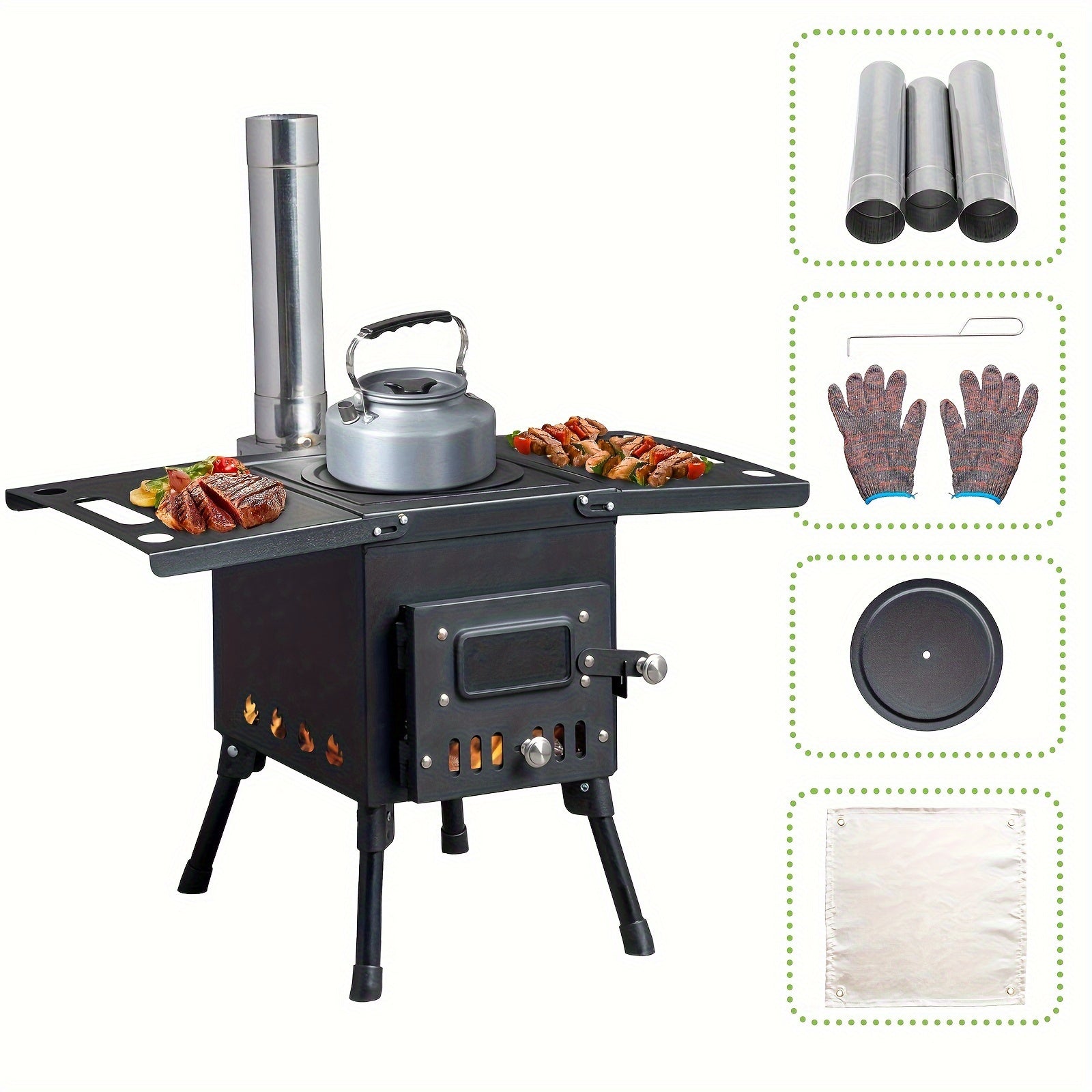 Wood Burning Camping Stove with Chimney Portable Foldable Carbon Steel Tent Stove for Camping Hunting Ice Fishing Backpacking Outdoor Heating Cooking
