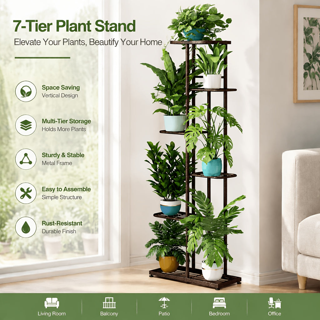 Metal Plant Stand Multi-Tier Indoor Outdoor – 5, 6 or 7 Pot Flower Rack for Living Room, Balcony & Corner Display, Anti-Rust Finish, Dark Grey Bronze Green White