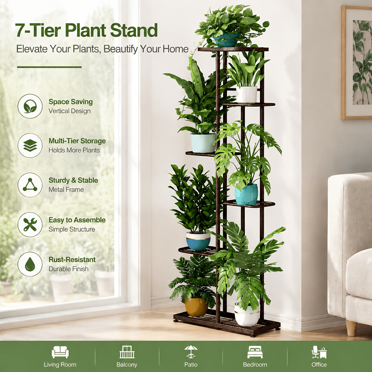 Metal Plant Stand Multi-Tier Indoor Outdoor – 5, 6 or 7 Pot Flower Rack for Living Room, Balcony & Corner Display, Anti-Rust Finish, Dark Grey Bronze Green White