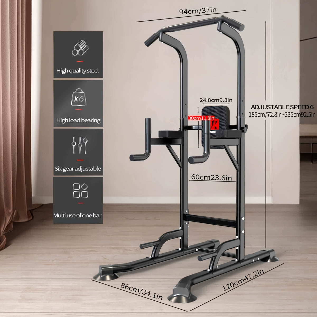 Power Tower Dip Station with Adjustable Height for Home Gym, Multi-Function Pull Up Bar Station for Strength Training, Workout Fitness Station for Dips Push Ups Knee Raises