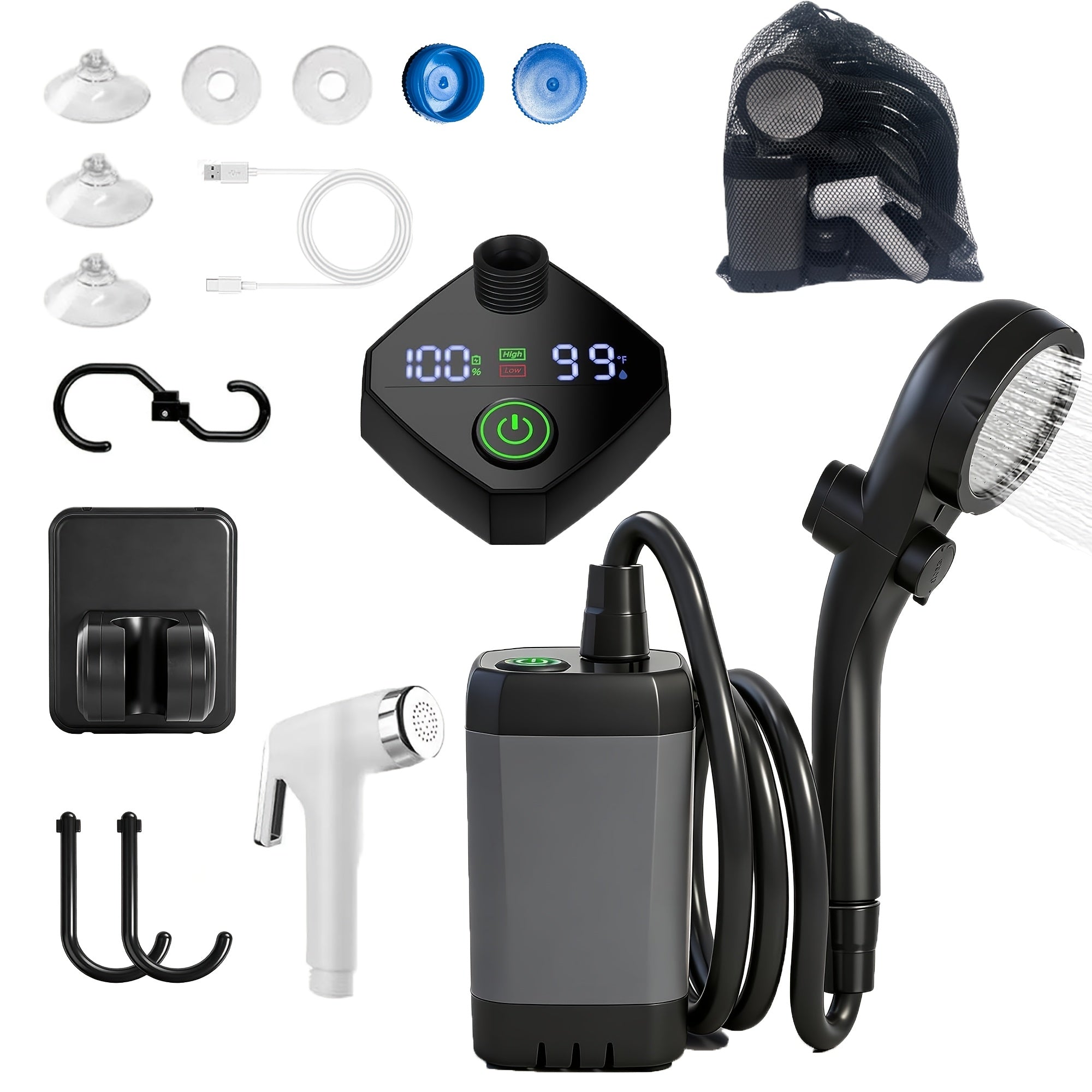 Portable Camping Shower Pump 6000mAh Rechargeable, IPX7 Waterproof Outdoor Shower with LED Display Multiple Modes 120 Min Runtime, Handheld Camp Shower for Hiking Pet Washing Car Beach Travel