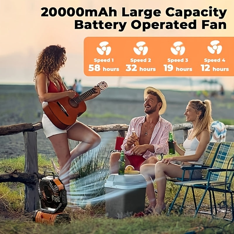 FX13 20000mAh Camping Fan with Built-in LED Light Rechargeable USB Portable Outdoor Fan with Tent Hook for Power Outage Construction Site Camping Gear Orange Upgraded