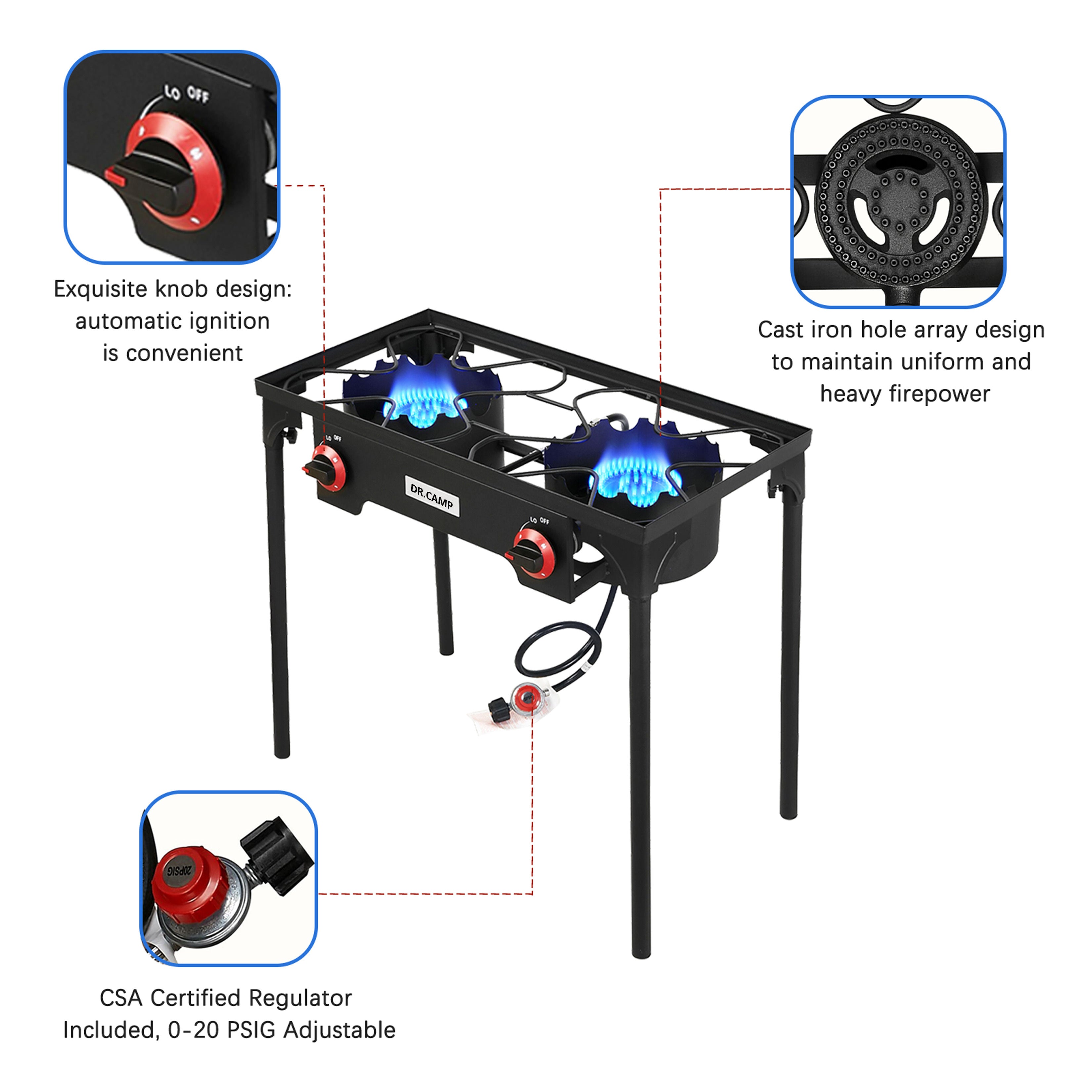 Heavy Duty Propane Camping Stove Cast Iron Burner with Detachable Legs – Single & Double Burner Outdoor Gas Cooker for Camping BBQ Patio Survival Cooking & Tailgating