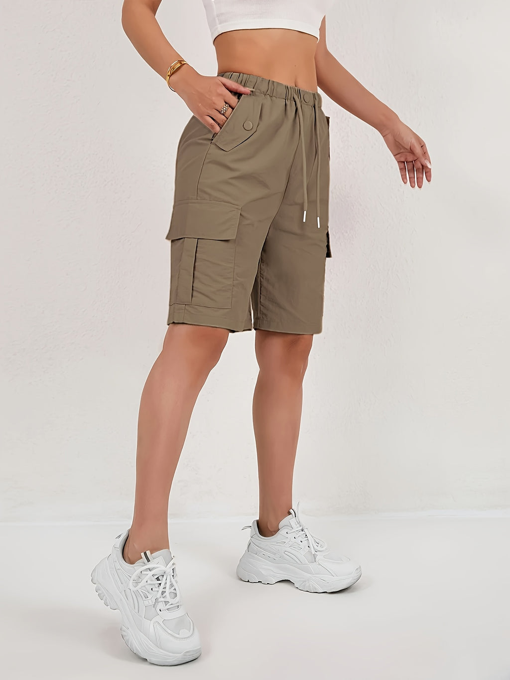 Women's Cargo Shorts 2-Pack - Lightweight Straight-Leg Mid-Thigh Bermuda Shorts with Multiple Pockets & Adjustable Drawstring Waist, Machine Washable Casual Outdoor Shorts S-XXL