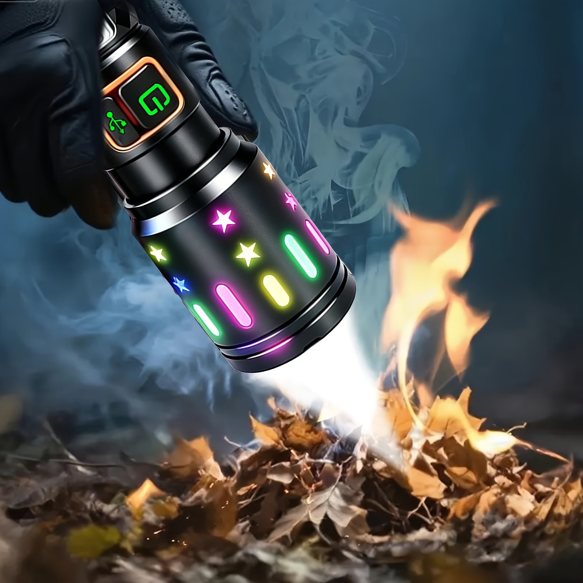High-Lumen Fire Starting Flashlight Rechargeable LED Torch with COB Side Light 5 Modes Tactical Beam Fresnel Lens Survival Tool for Camping Hiking Fishing Emergency Outdoor Adventures