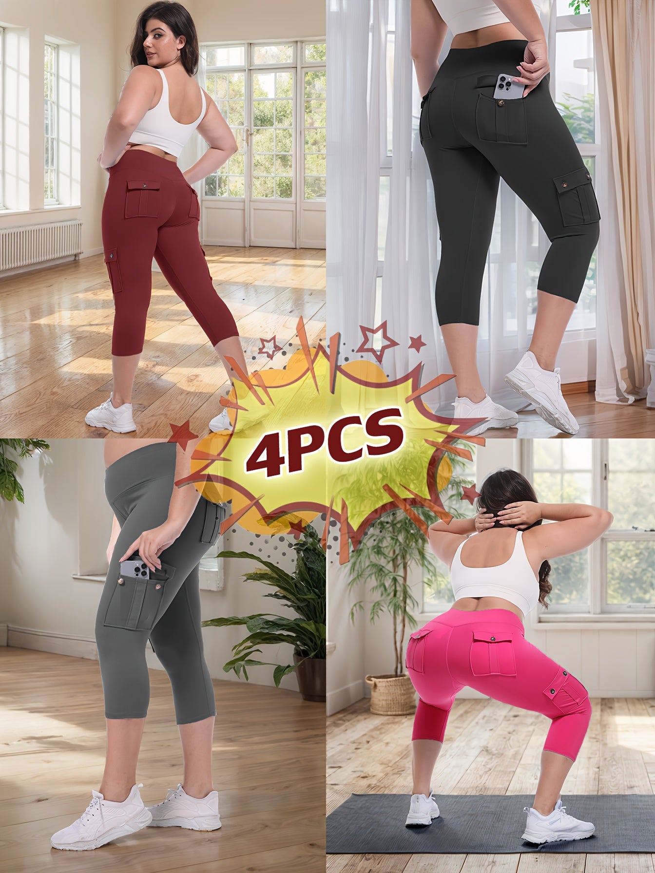 Women's Yoga Capri Pants with Pockets High Waist Butt Lifting Tummy Control – 4-Way Stretch 7/8 Workout Leggings for Running Gym Hiking Pilates 75% Polyester 25% Elastane S M L XL XXL Multi-Color