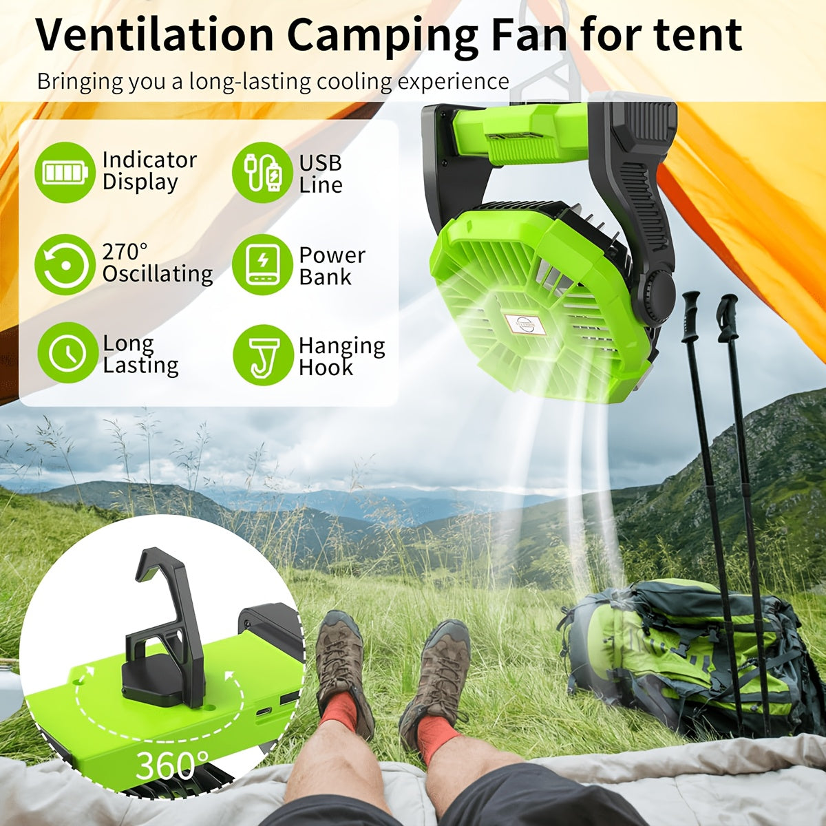 3-in-1 Portable Camping Fan with LED Light & Phone Charger - Rechargeable Battery Tent Fan with Hooks - Desktop Cooling Fan for Camping Patio Travel Sports Events Power Outages