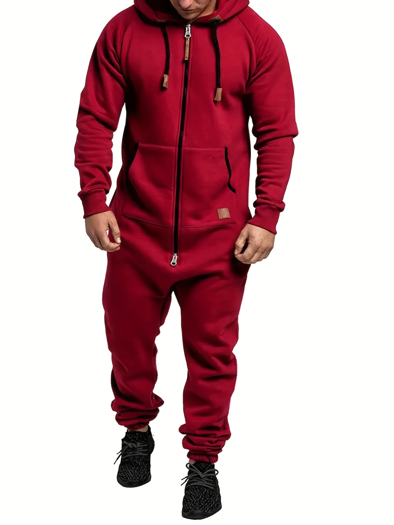 Men's Hooded Fleece Lined Jumpsuit Full Zip – Long Sleeve One Piece Romper with Kangaroo Pocket for Casual Sports Travel Fall Winter, Black Fern Green Red, S-XXXL