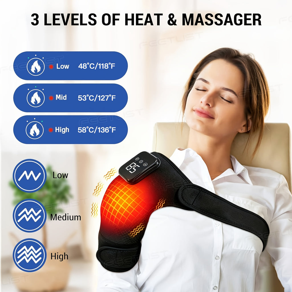Cordless Heated Shoulder Massager with Vibration - Heating Pad for Shoulder, Elbow & Knee Pain Relief, 3 Heat Levels, 3 Vibration Modes, LED Touch Screen, Gift for Parents & Seniors
