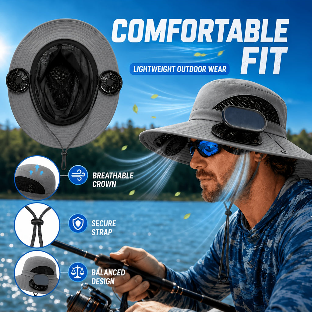 Solar Fan Hat Wide Brim Dual Cooling Fans Men Women Adjustable Airflow UV Protection Hiking Camping Gardening Travel Yard Work Grey Khaki Black Camo