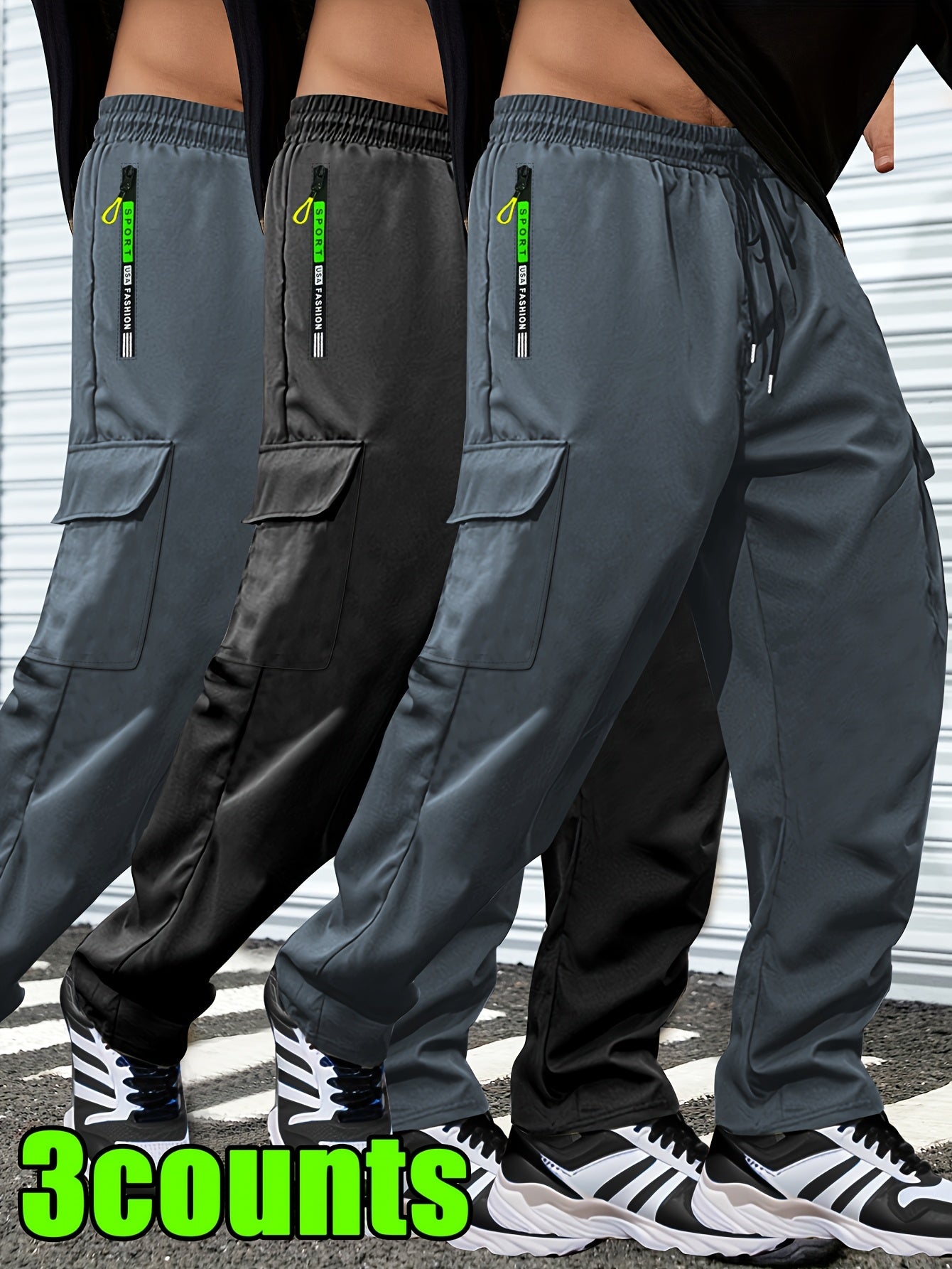 Men's Lightweight Cargo Pants with Drawstring & Elastic Waist – Multi Zipper & Side Pockets, Breathable Regular Fit for Hiking, Camping & Casual Outdoor Wear, S-XXXL