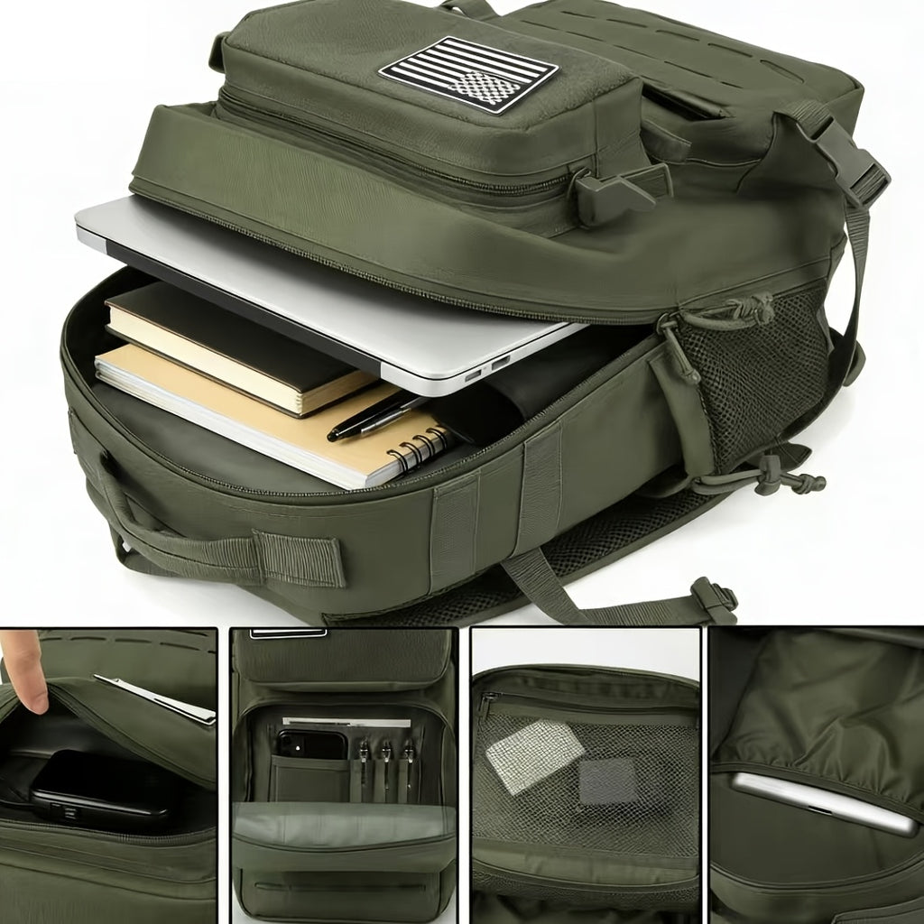 Tactical MOLLE Backpack 6.6 Gal – 180° Flat Open Hiking Camping Daypack with Laptop Compartment & Dual Cup Holders, Heavy-Duty Gym Sports Travel Bag | 9 Colors