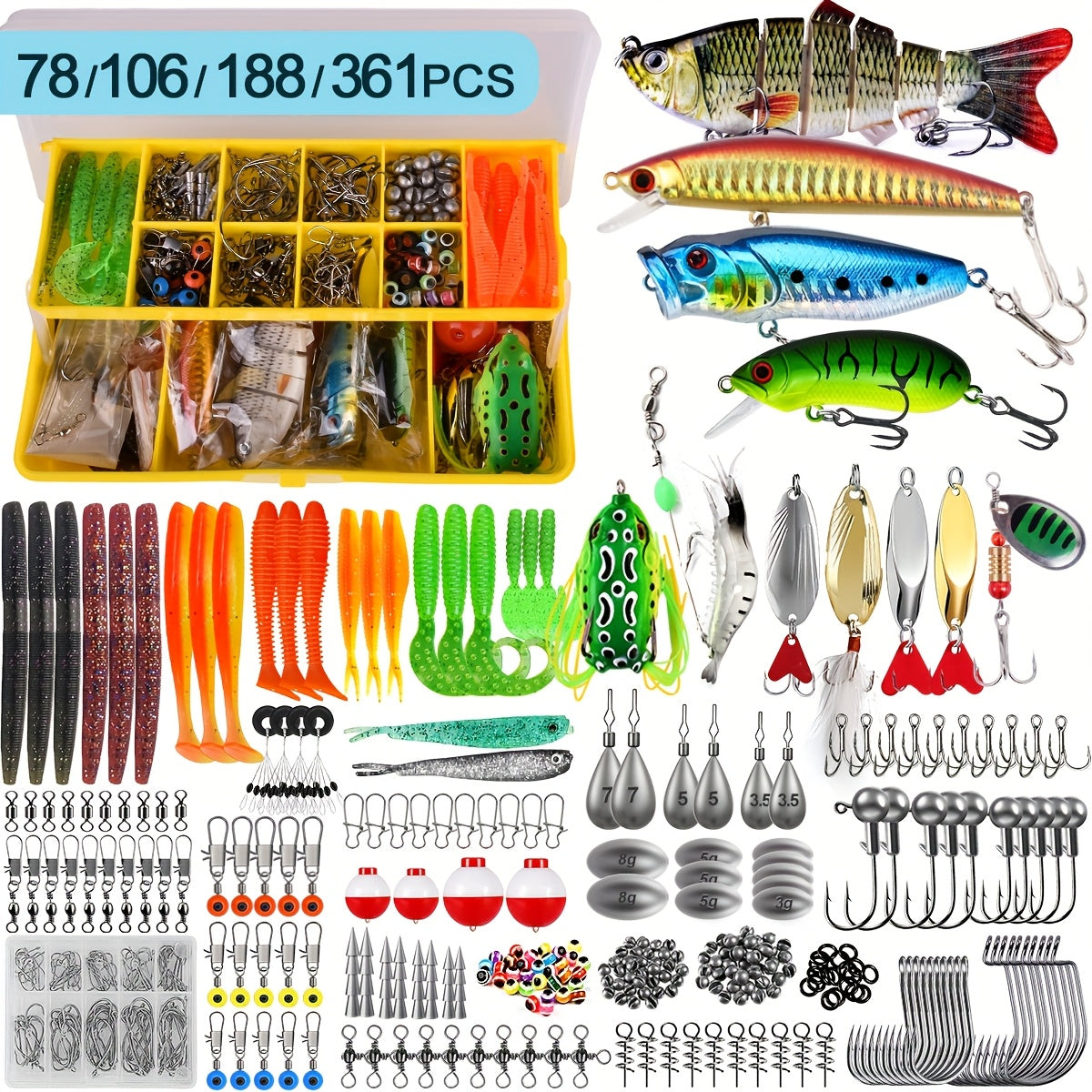 Fishing Lures Kit 78-361 Pieces – Freshwater Bass Trout Salmon Tackle Box with Spoon Lures, Soft Plastic Worms & Fishing Accessories for Beginners & Experienced Anglers