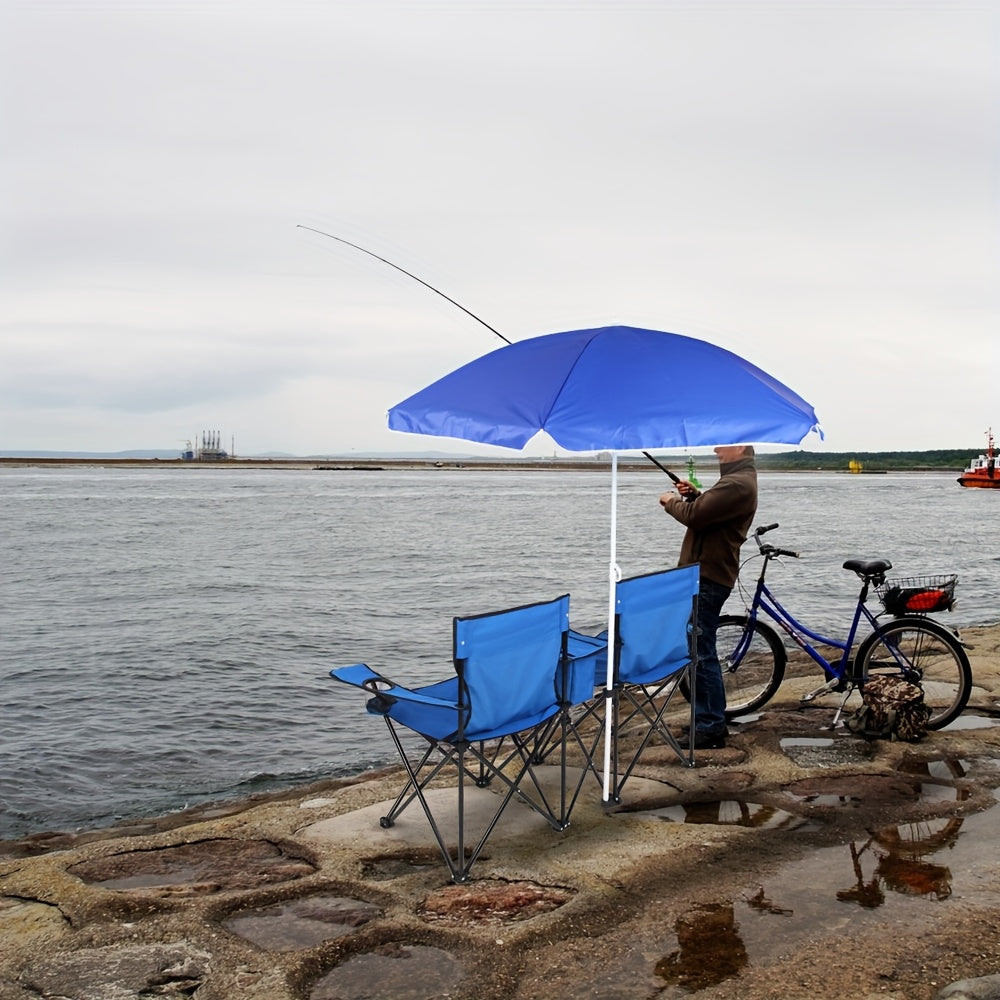 2-Seat Folding Outdoor Chair with Removable Sun Umbrella - Portable Double Camping Chair with Handrails for Fishing Beach Sunbathing Patio - Durable Steel Frame Oxford Fabric Lawn Chair
