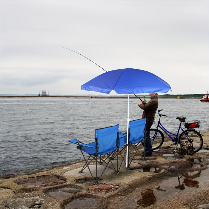 2-Seat Folding Outdoor Chair with Removable Sun Umbrella - Portable Double Camping Chair with Handrails for Fishing Beach Sunbathing Patio - Durable Steel Frame Oxford Fabric Lawn Chair