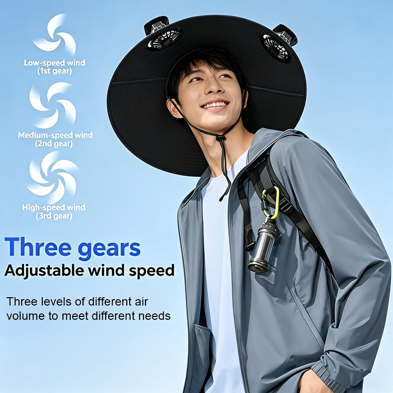 Sun Hat Men Wide Brim with 2 Fans Breathable Fishing Hat UV Protection for Outdoor Camping Hiking Beach Summer